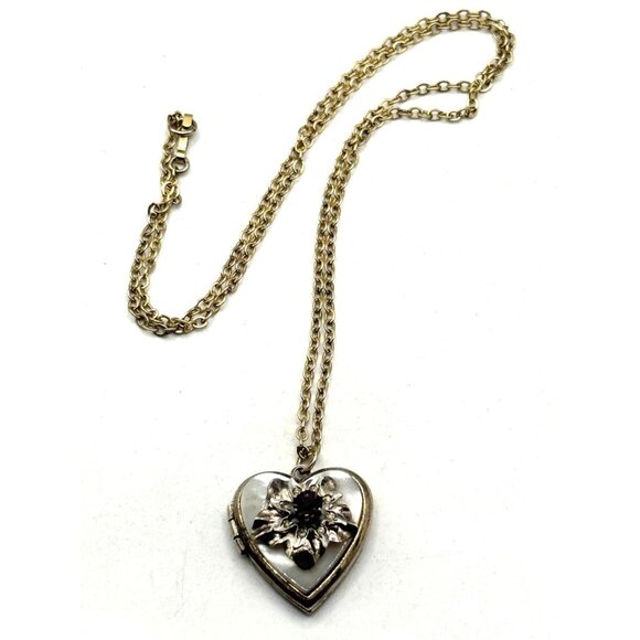 Estate gold filled mother of pearl rhinestone flower heart locket necklace - Picture 1 of 7